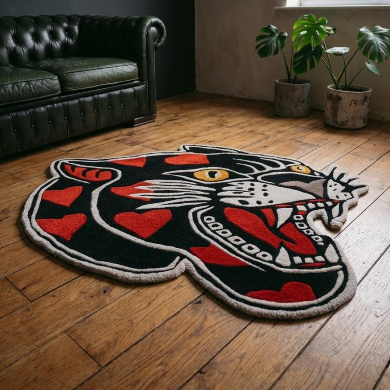 Wild Ember Rug – Black Panther with Red & Gold Accents Rugs