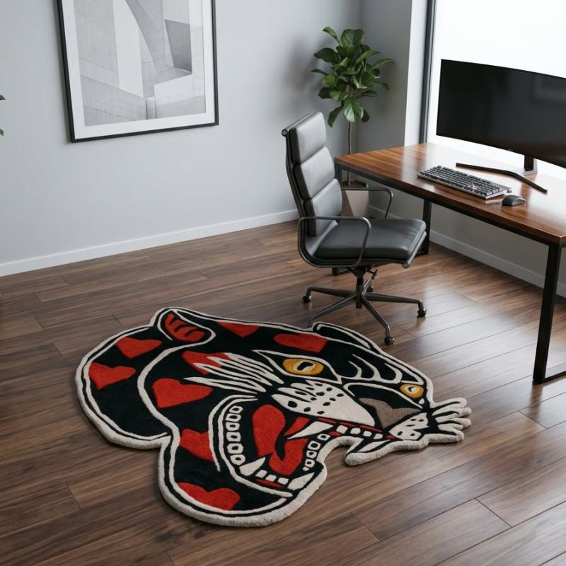 Wild Ember Rug – Black Panther with Red & Gold Accents Rugs